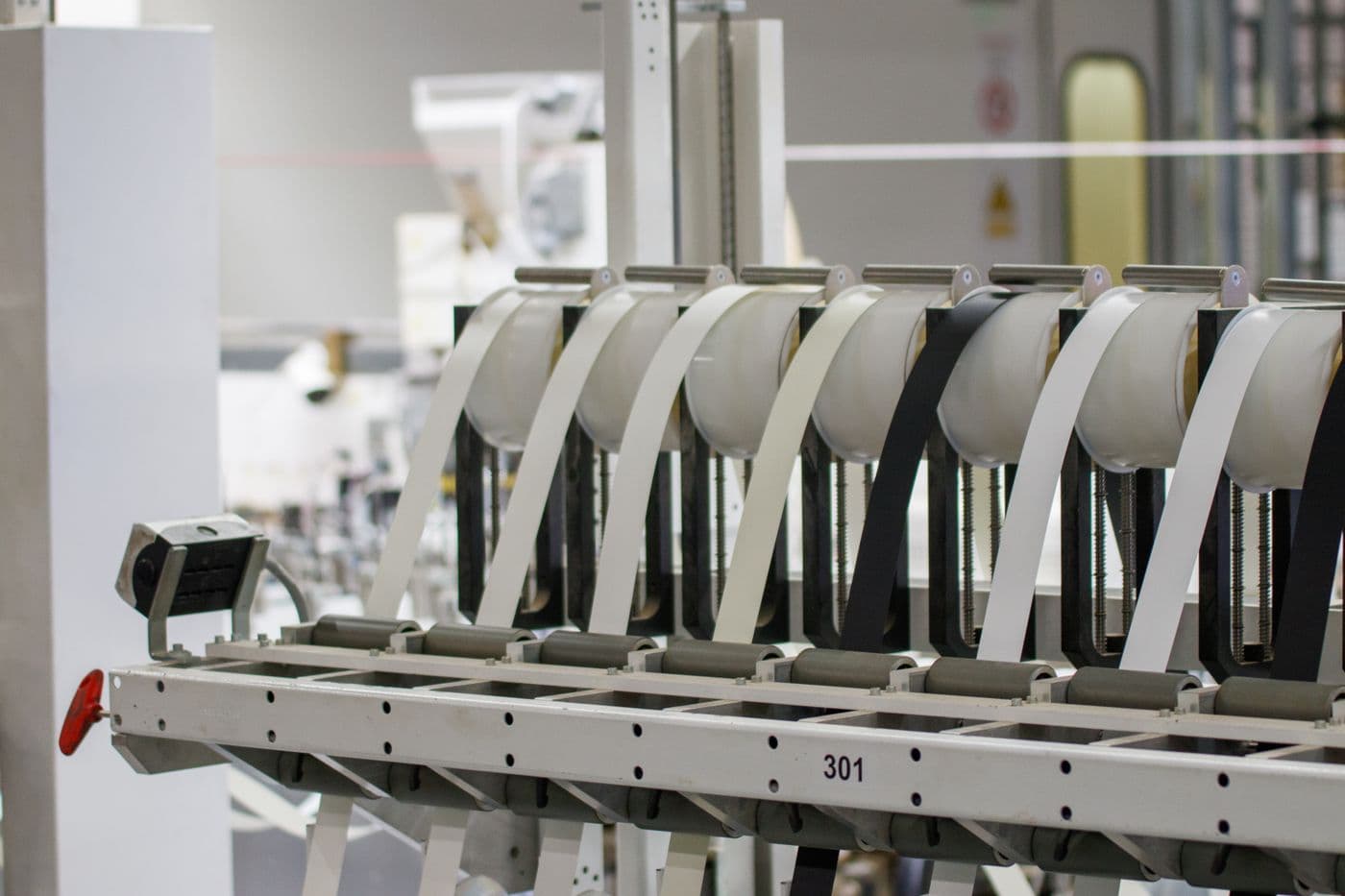 Close detail of a modern automated production machine.